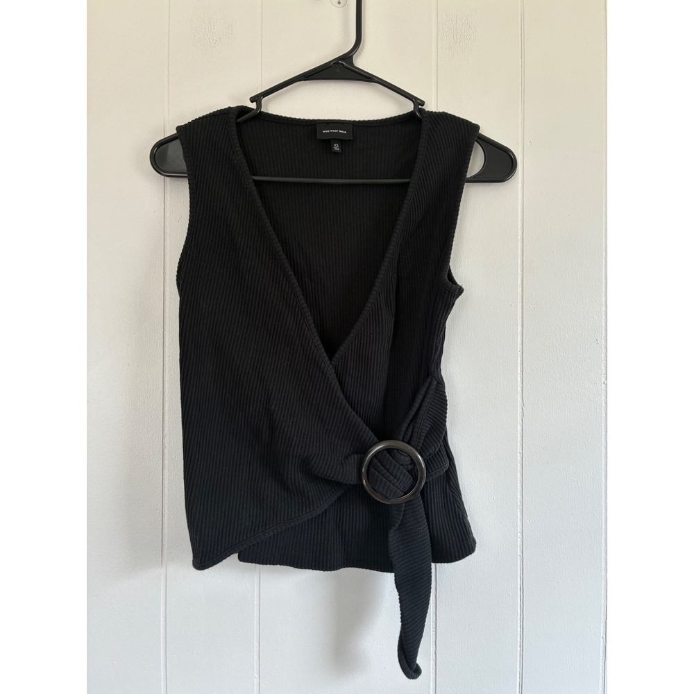 Who What Wear Black Ribbed Wrap‎ Top Sleeveless V-Neck O-Ring Side Tie XS